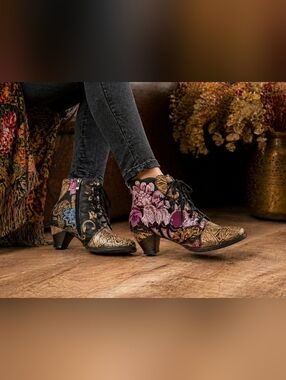 Dainty Floral Leather & Fabric Heel Booties